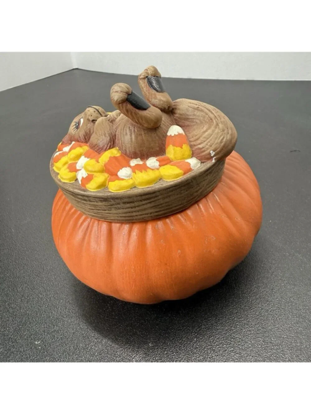 Vintage Dona's Mold Squirrel Candy Corn Trinket Box Candy Dish Halloween Decor